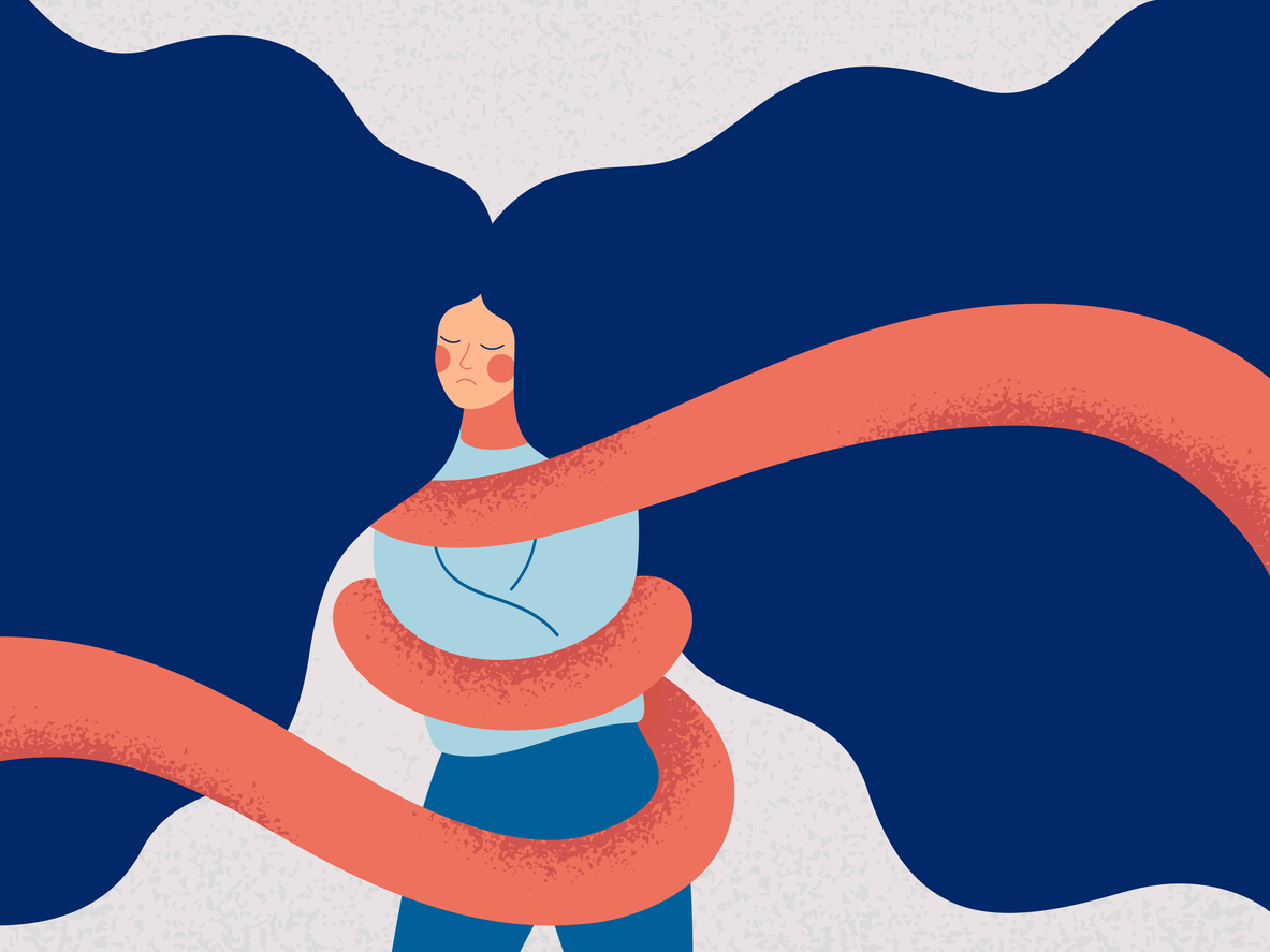 A young woman with flying hair is tied with a rope