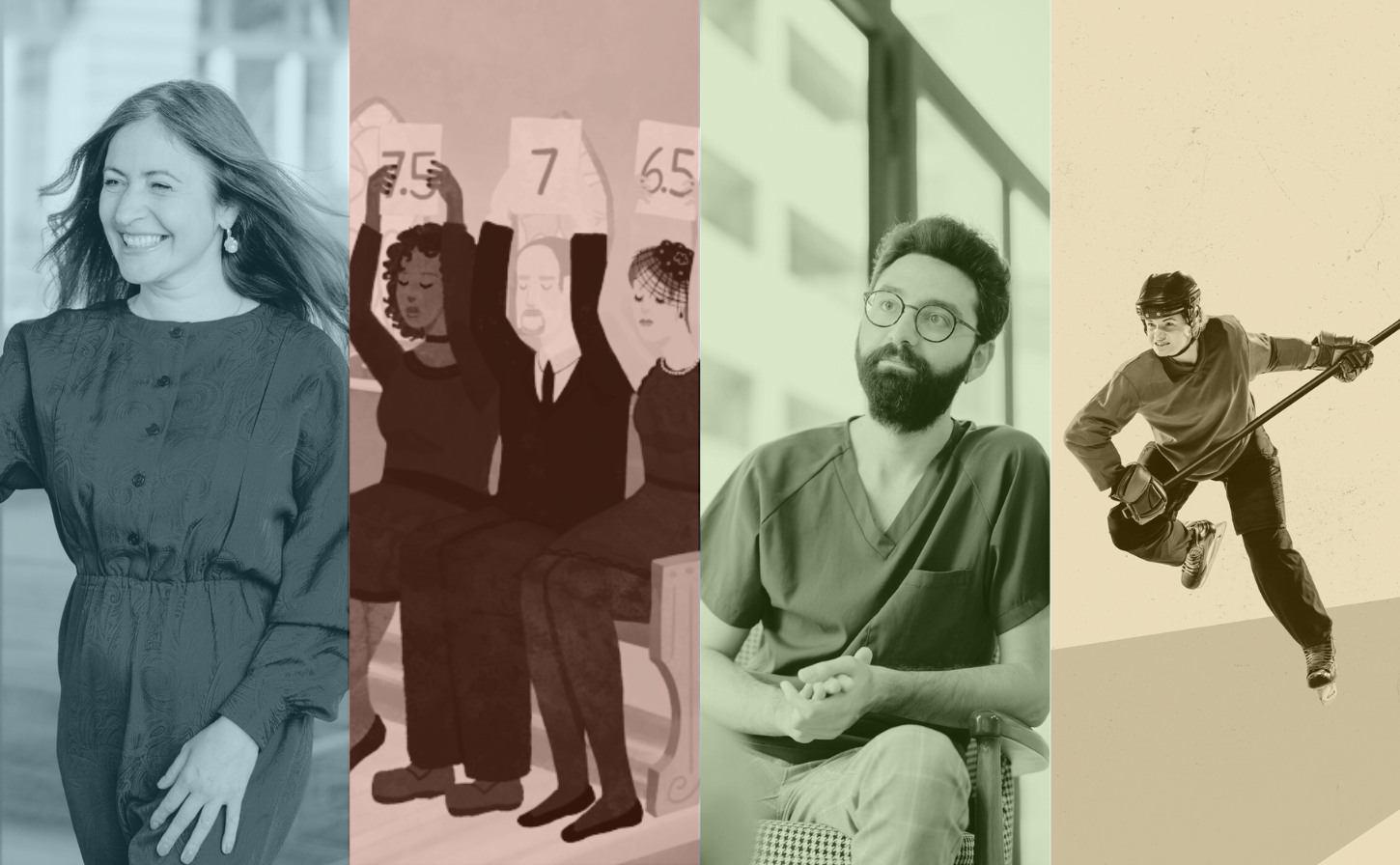 Four images alongside each other. From left to right: A woman, a cartoon image of office workers, a healthcare worker, and a hockey player.